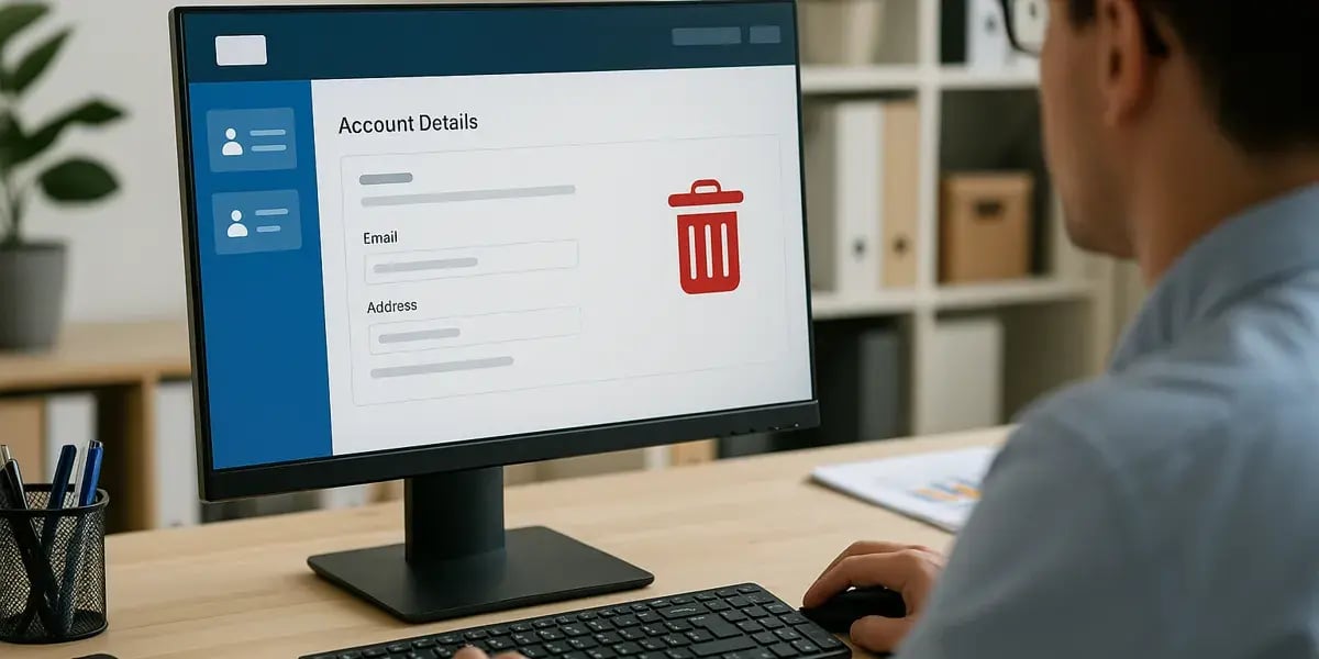 Mann sitzt am Schreibtisch und betrachtet Account-Details auf dem Monitor mit rotem Papierkorb-Symbol zum Löschen.
