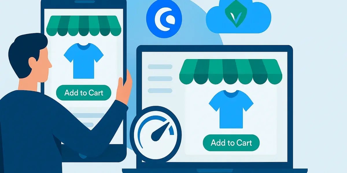 Illustration eines Mannes, der Smartphone und Laptop mit Onlineshop nutzt, „Add to Cart“-Buttons sichtbar, Symbole für Cloud und Performance im Hintergrund.