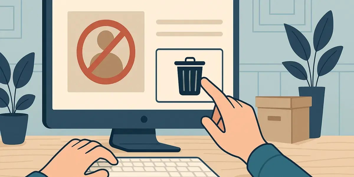 Illustration von Händen am Computer, während ein Benutzer ein Profil mit Papierkorb-Symbol löscht.
