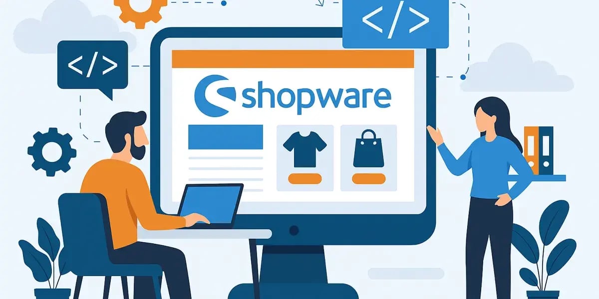 Illustration von zwei Personen, die an einem Shopware-Onlineshop arbeiten, mit großem Monitor und Symbolen für Programmierung.