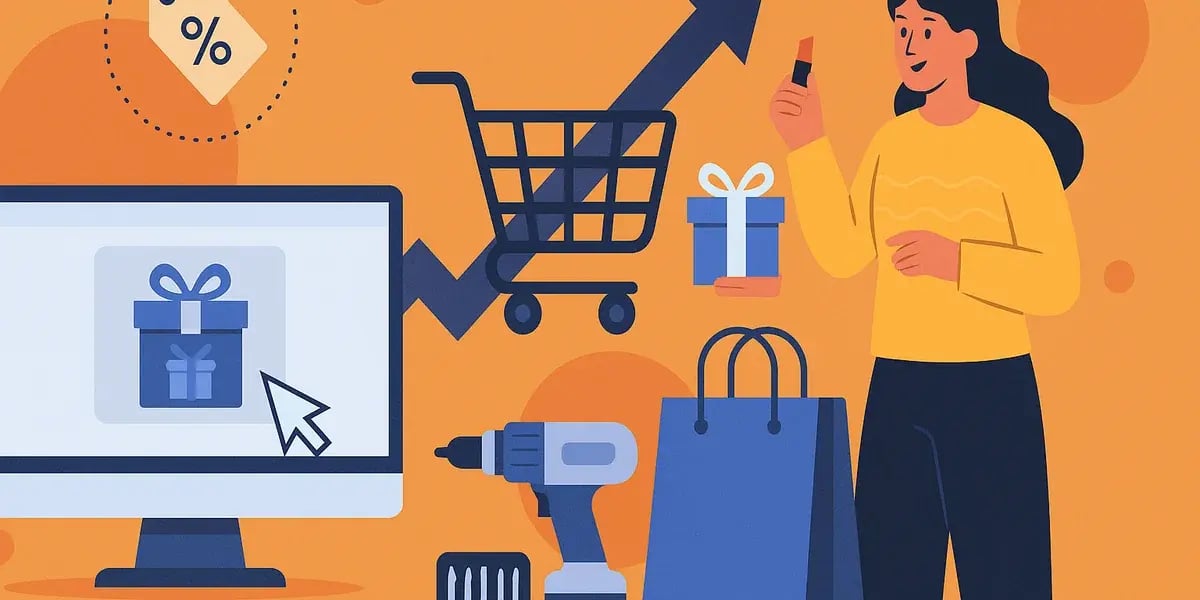 Illustration einer Frau mit Geschenk und Einkaufswagen, Symbolen für Rabatte, Online-Shopping und steigende Verkaufszahlen.