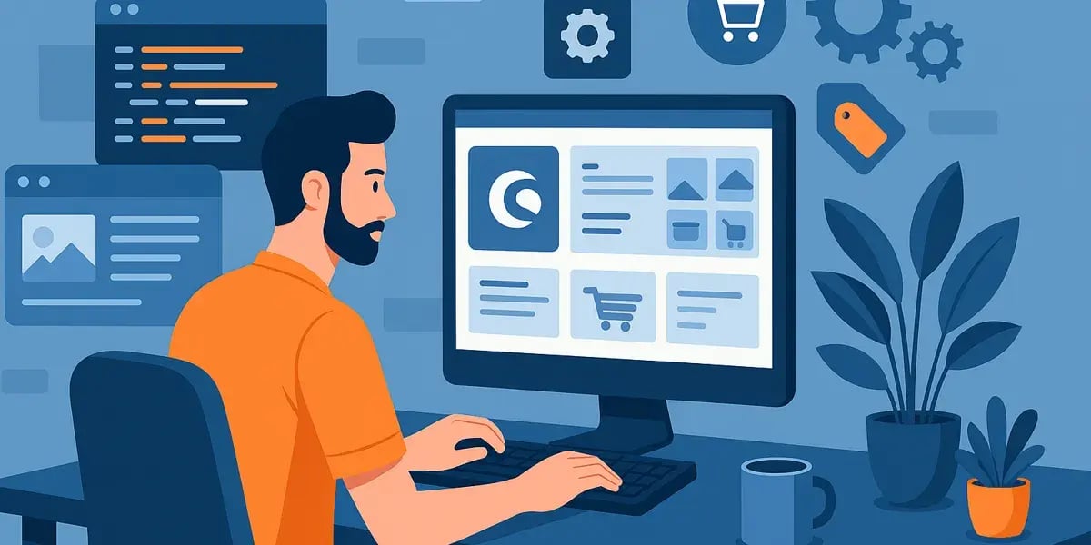 Mann arbeitet am Computer an einem Shopware-Onlineshop, umgeben von Symbolen für E-Commerce und Einstellungen.