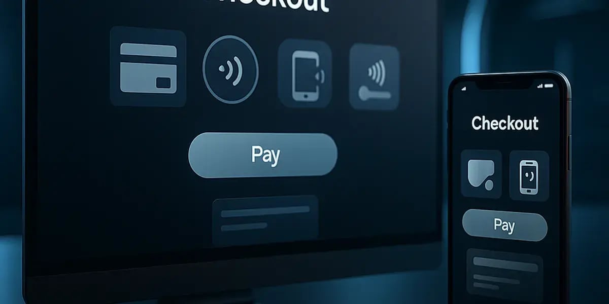 Dark-Mode Checkout-Seite auf Desktop und Smartphone, mit Zahlungssymbolen und großem Pay-Button.