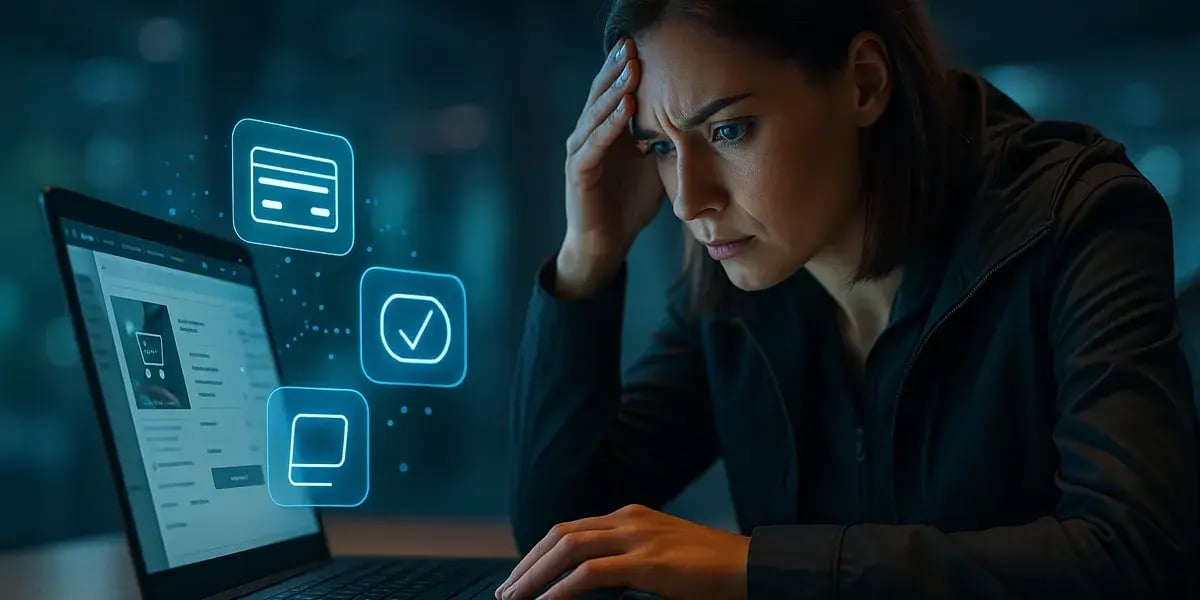 Frau sitzt gestresst vor einem Laptop, während digitale Icons für Online-Zahlung und Formulare um sie herum schweben.