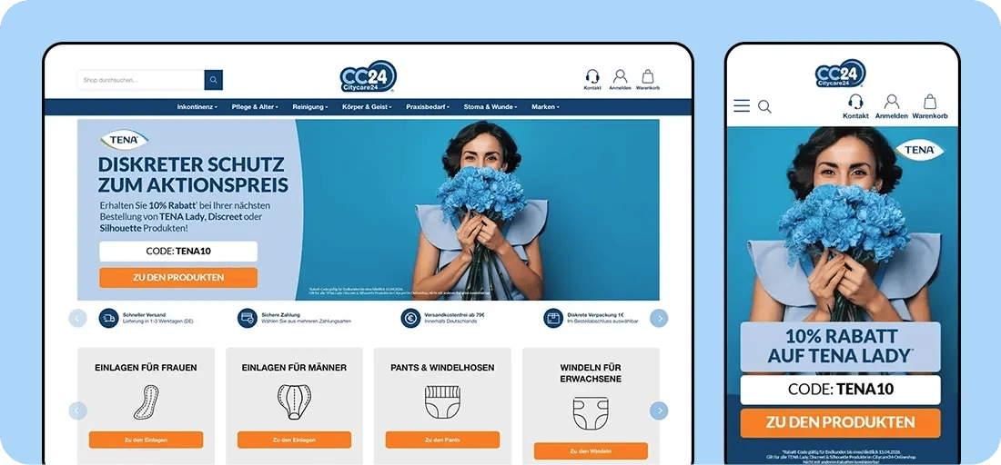 Referenz: Darstellung des Citycare24 Webshops in der Desktop- & Mobil-Ansicht