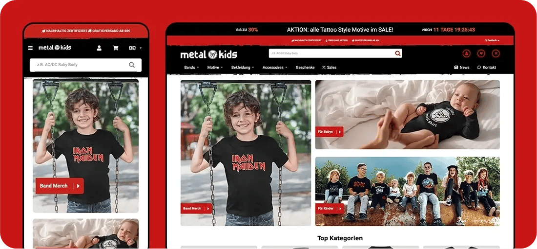 Referenz: Darstellung des Metal Kids Webshops in der Desktop- & Mobil-Ansicht