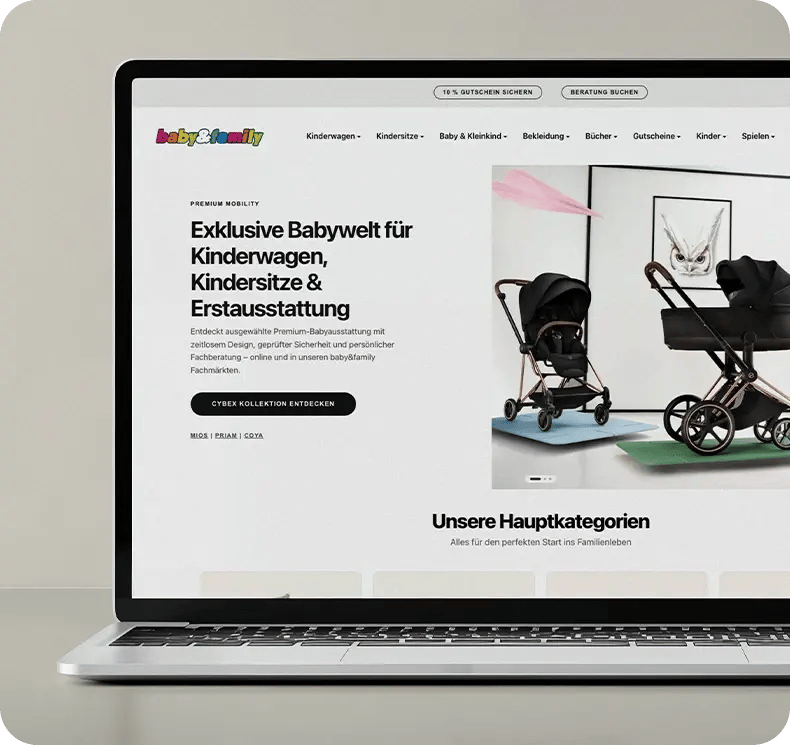 Vorschau des Baby&Family Webshops auf einem Laptop Vorschau des Baby&Family Webshops auf einem Laptop