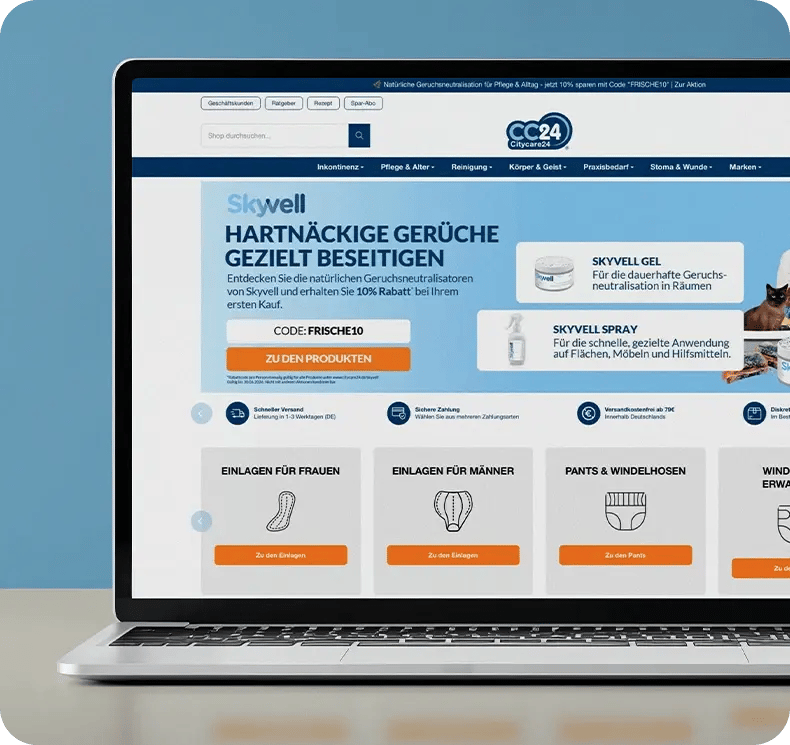 Vorschau des Citycare24 Webshops auf einem Laptop