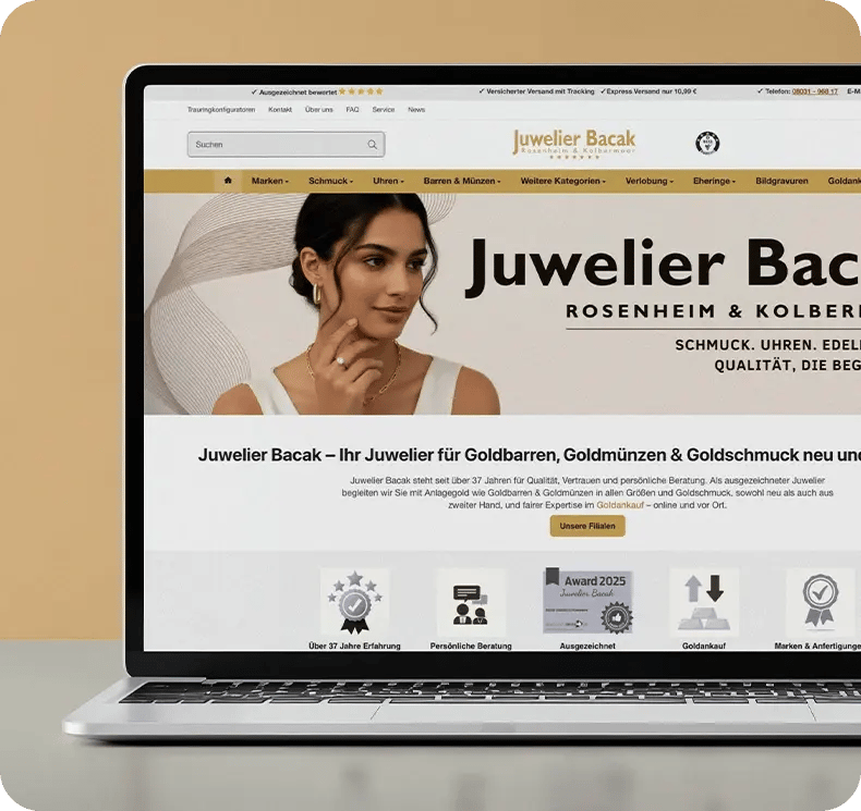Vorschau des Juwelier Bacak Webshops auf einem Laptop Vorschau des Juwelier Bacak Webshops auf einem Laptop
