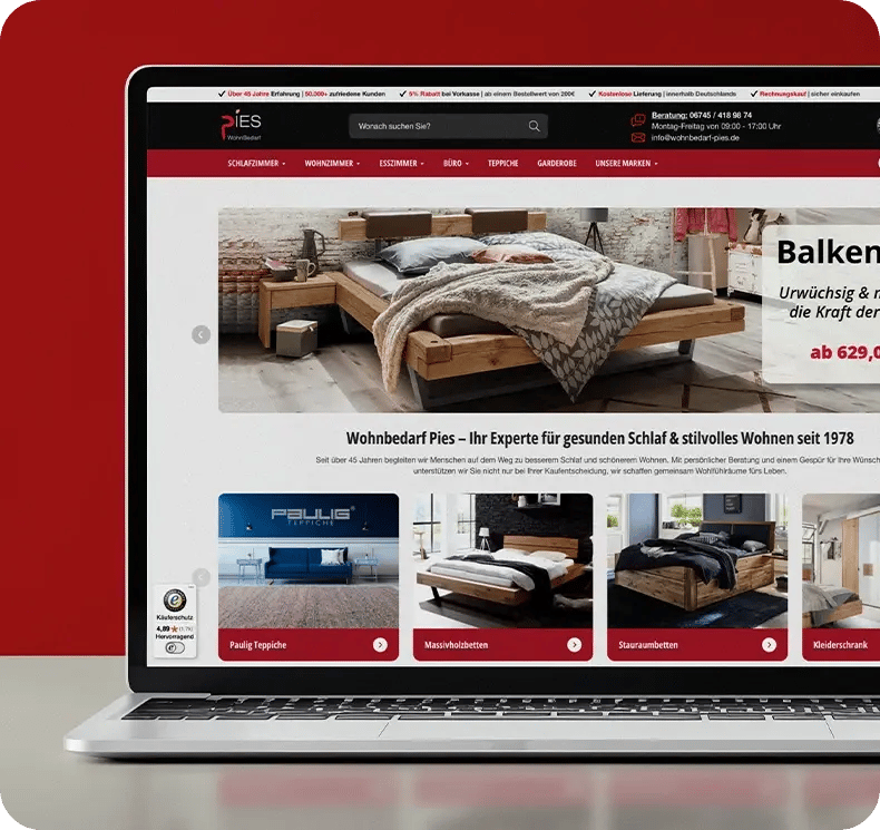 Wohnbedarf Pies – Online-Shop Darstellung auf Laptop
