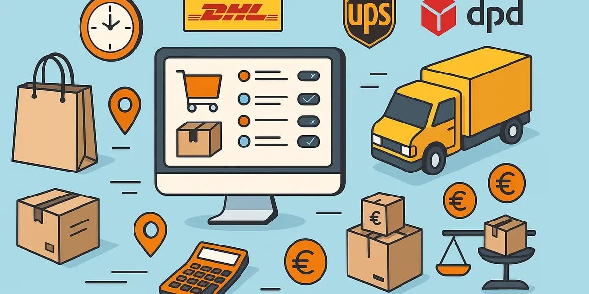 Illustration von Online-Versandoptionen mit Paketdienstlogos, Lieferwagen, Paketen und Einkaufssymbolen.