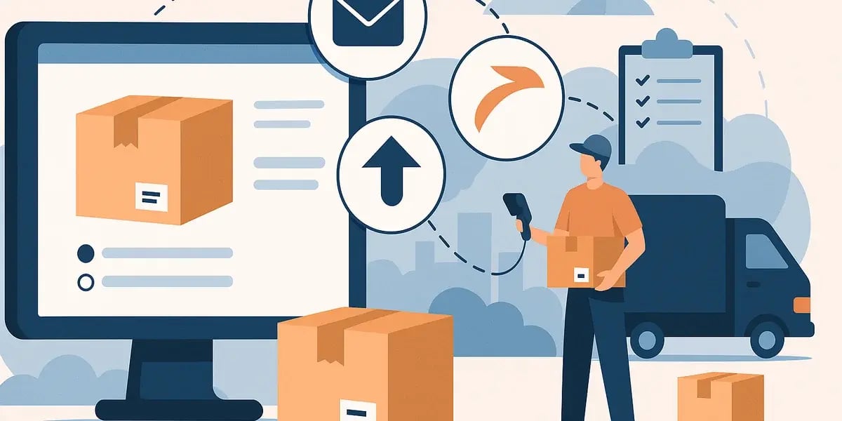 Illustration eines Versandprozesses mit Paketen, Lieferwagen, Computerbildschirm und Paket-Scanner.