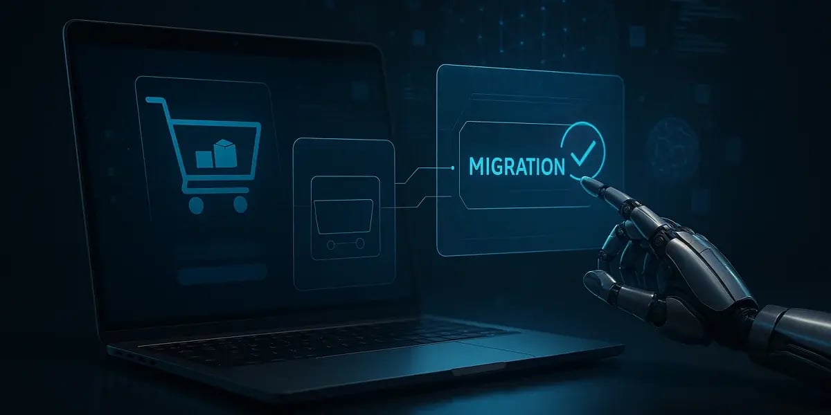 Roboterhand tippt auf ein Migration-Symbol auf einem Laptop mit Einkaufswagen-Icon – Darstellung automatisierter Shop-Migration.