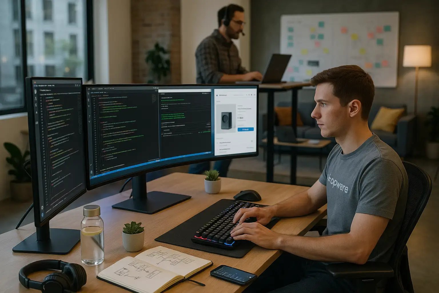 Entwickler arbeitet an mehreren Monitoren mit Code-Editor und Shopware-Ansicht; Teamarbeit im Hintergrund im Agenturbüro