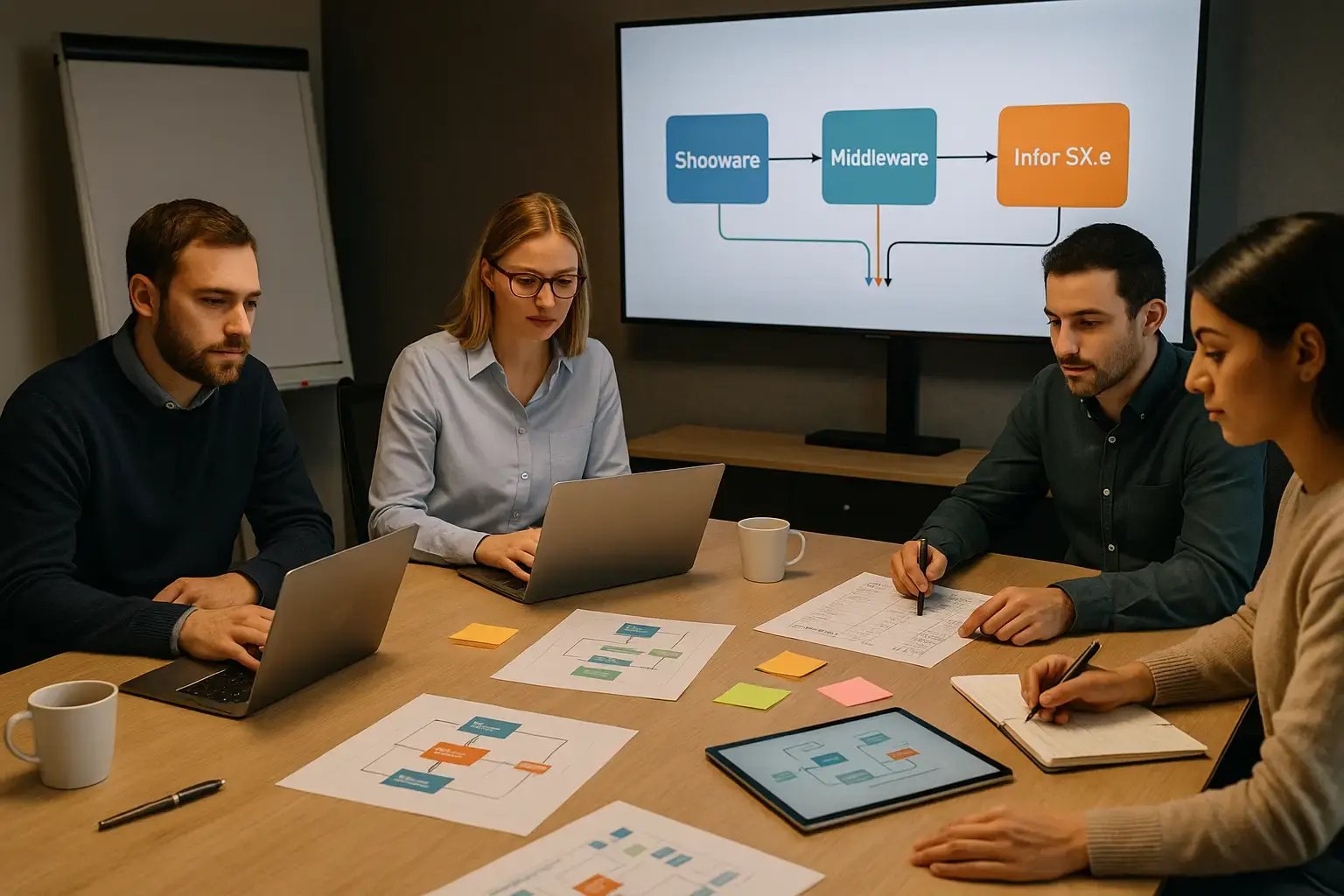 Team-Workshop zur Systemintegration: Besprechung einer Schnittstellen-Architektur zwischen Shopware, Middleware und Infor SX.e am Bildschirm