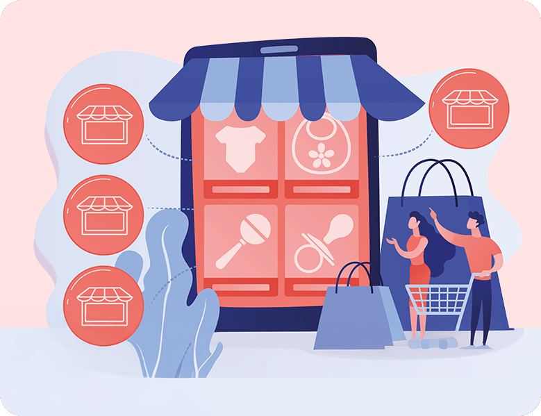 Illustration eines Online-Marktplatzes mit Shop-Symbolen, Produktkategorien und Kunden