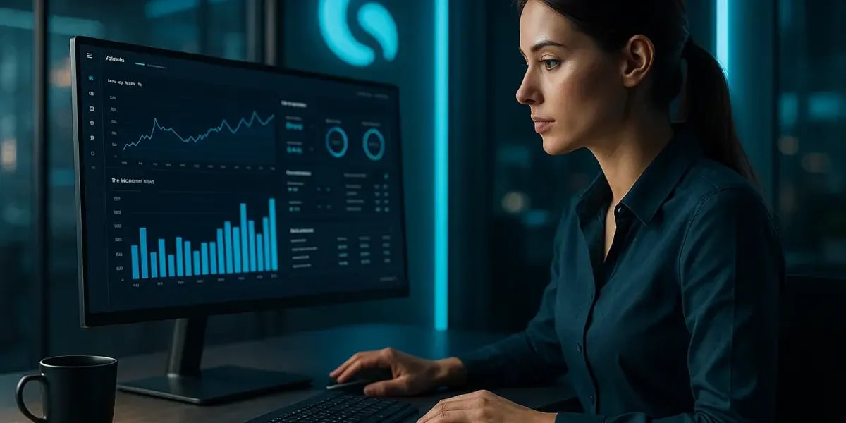 Frau analysiert Verkaufsstatistiken und KPIs in einem digitalen Shopware-Dashboard – moderne E-Commerce-Datenanalyse.