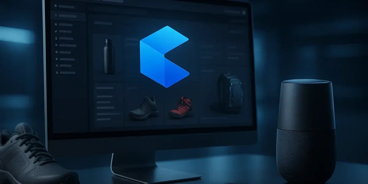 Monitor mit modernem Shopware-Backend-Dashboard, Produktübersicht und stilisierten Symbolen – Darstellung eines Online-Shop-Managementsystems.