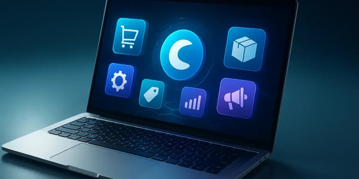 Laptop mit Shopware-Dashboard und Icons für Warenkorb, Marketing, Einstellungen und Analyse – Darstellung der Systemfunktionen einer E-Commerce-Plattform.
