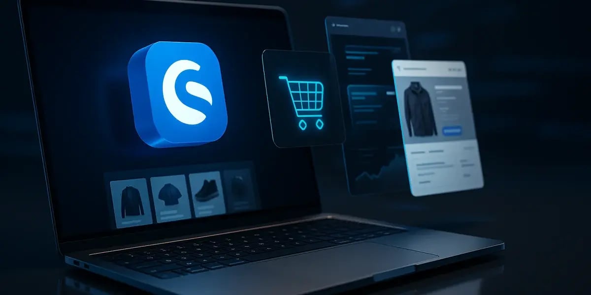 Laptop mit digitalem Shopware-Logo, Einkaufswagensymbol und schwebenden Interface-Elementen – Symbol für modernes E-Commerce-Design.