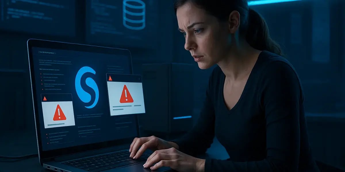 Frau arbeitet konzentriert an einem Laptop mit Shopware-Logo und Fehlermeldungen zur Fehleranalyse oder Debugging.