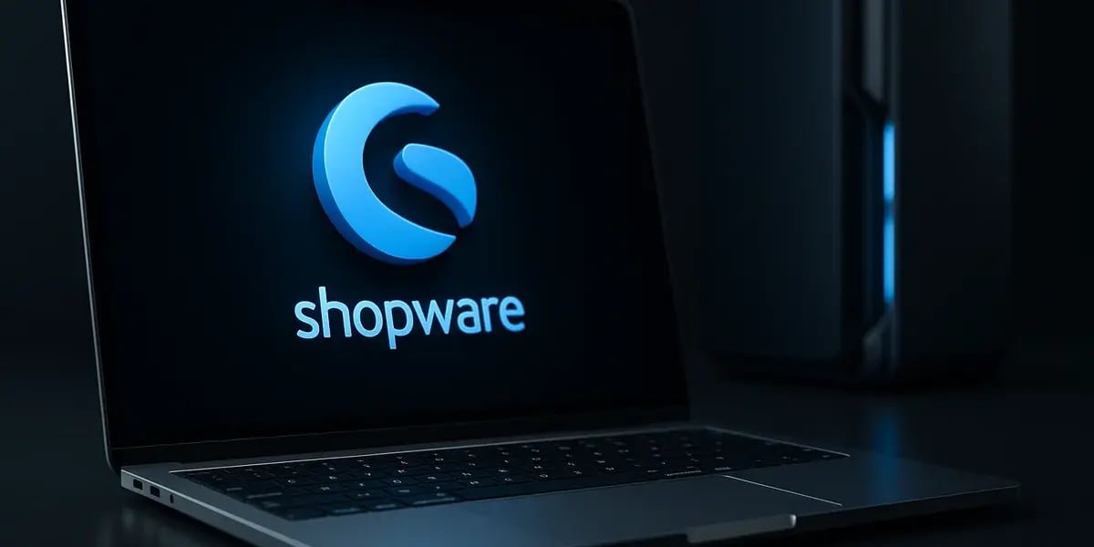 Laptop mit Shopware-Logo auf dunklem Hintergrund, daneben Server-Hardware – Symbol für E-Commerce-Infrastruktur und Systemintegration.