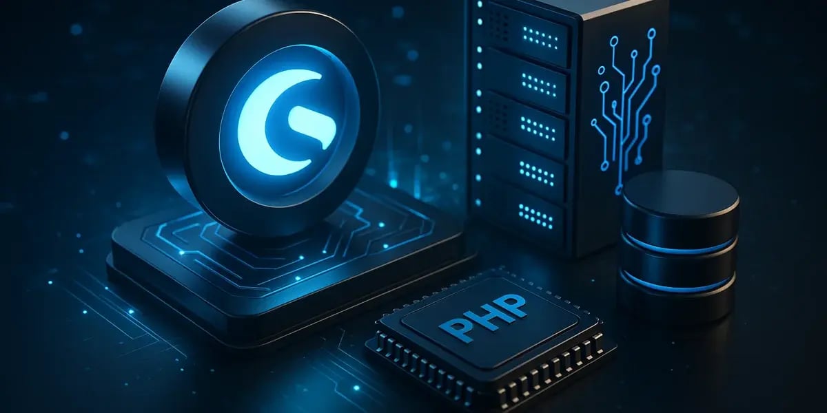 Darstellung eines digitalen Shopware- und PHP-Backends mit Server- und Datenbanksymbolen in futuristischem Design.