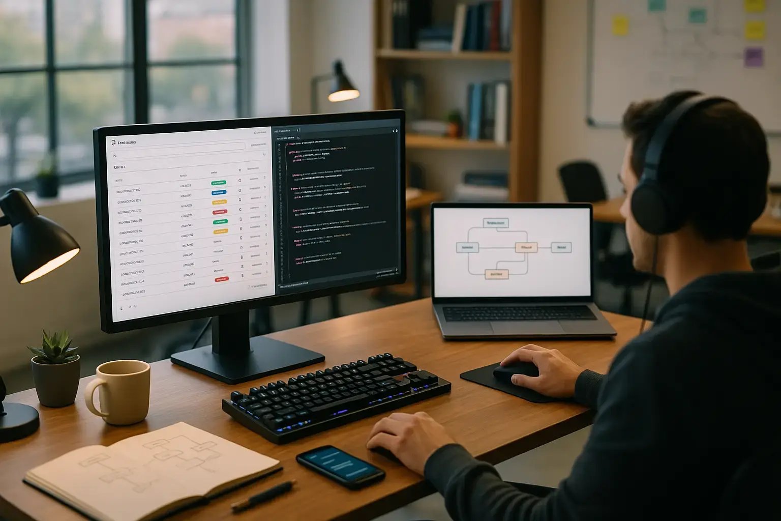 Entwickler arbeitet am Schreibtisch mit Monitoren für Dashboard und Code, daneben Laptop mit Prozessdiagramm für Workflow-Automation