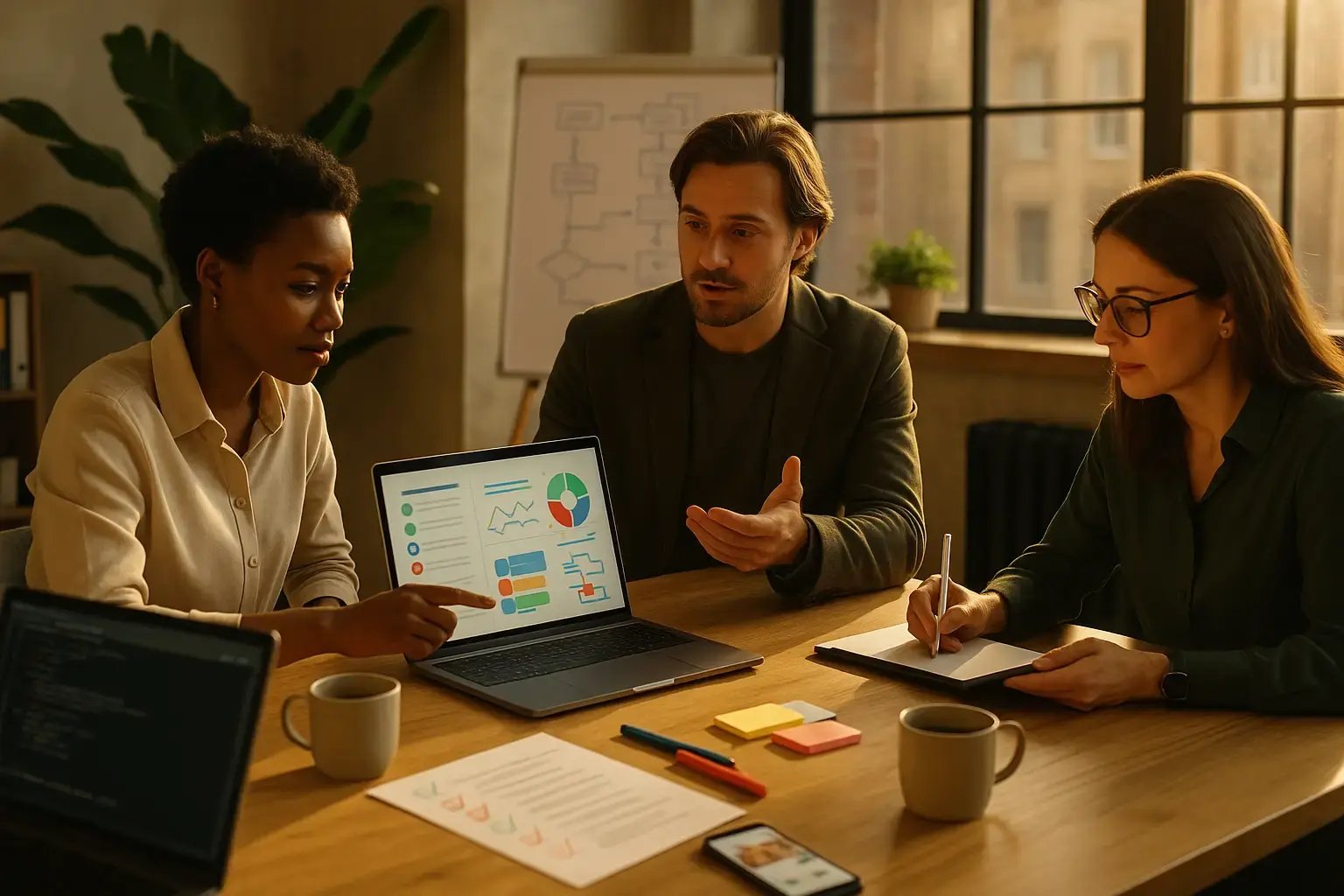 Strategie-Workshop im Team: Besprechung von KPI- und Marketing-Reportings am Laptop, Notizen und Abstimmung am Konferenztisch