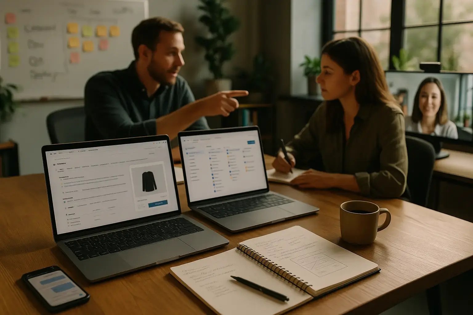 Teammeeting zur Content- und Projektplanung: zwei Laptops mit Arbeitsoberflächen auf dem Tisch, Notizen und Abstimmung im Büro