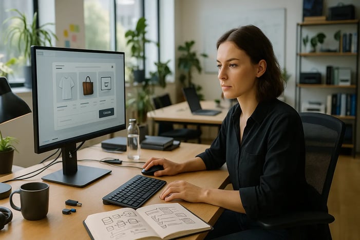 UX-Design am Arbeitsplatz: Wireframe eines Online-Shops am Monitor, Notizen und Skizzen zur Conversion-Optimierung auf dem Tisch