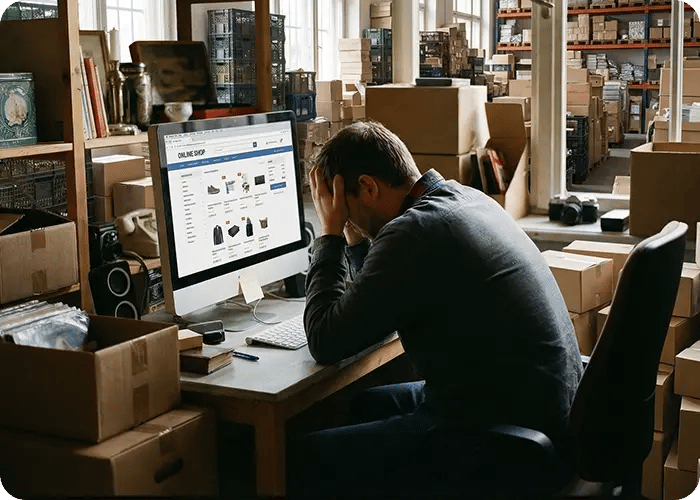 Verzweifelter Mann sitzt in einem Lager vor einem Computer und hält den Kopf in den Händen, umgeben von vielen Paketen und Kartons.