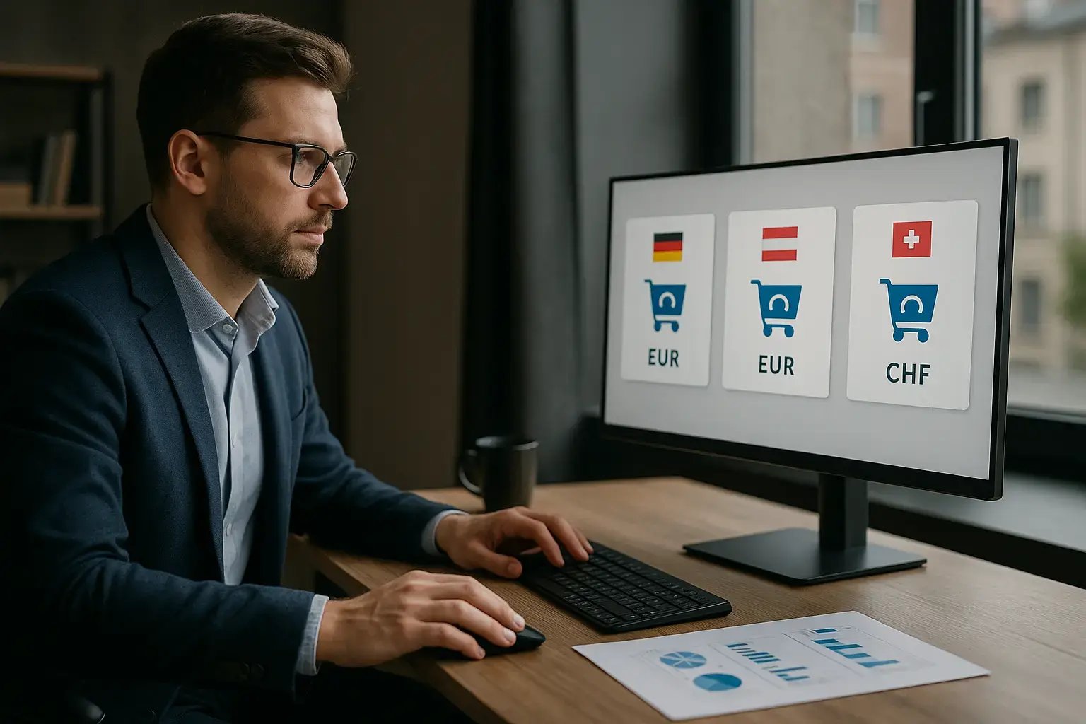 Mann schaut auf Bildschirm mit Währungssymbolen für Deutschland, Österreich und die Schweiz.