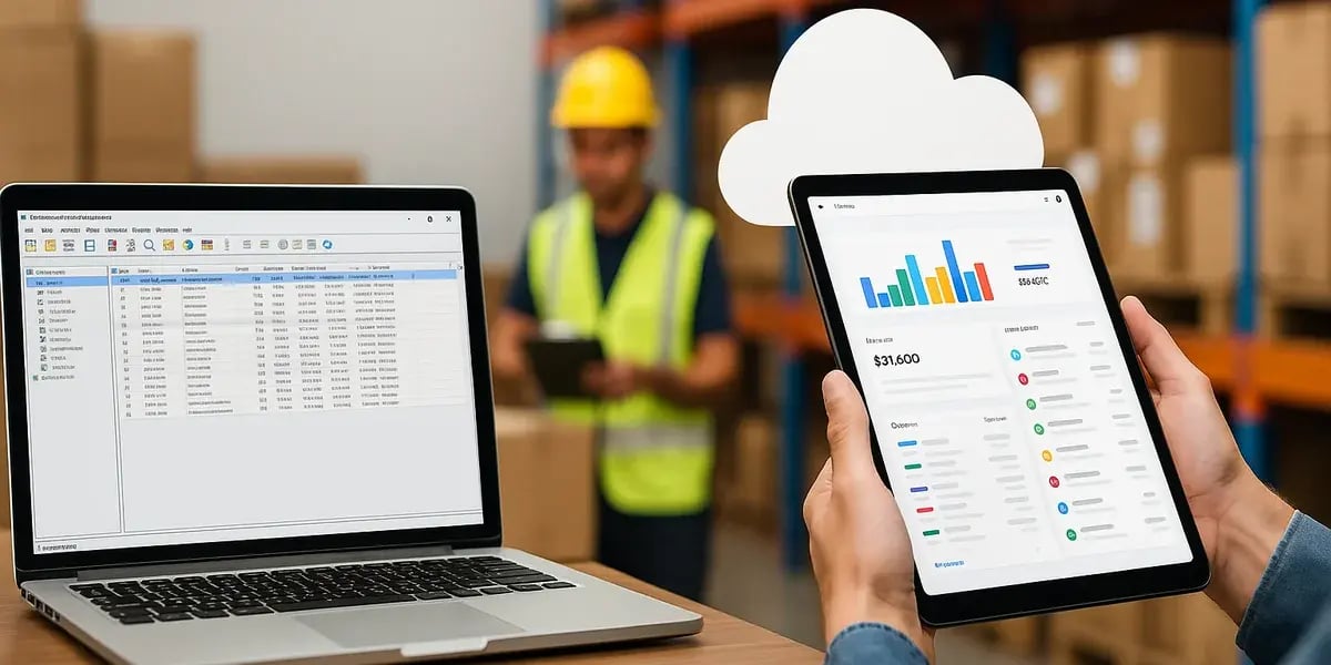 Person hält Tablet mit Lagerverwaltungssoftware neben Laptop in einem Lagerhaus.