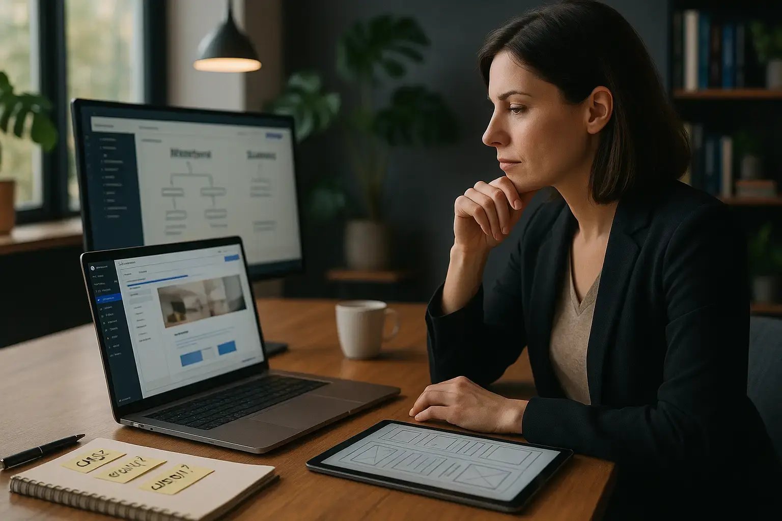 Marketing-Managerin plant Website-Struktur am Laptop mit Wireframes und Notizen; im Hintergrund Monitor mit Sitemap-Diagramm