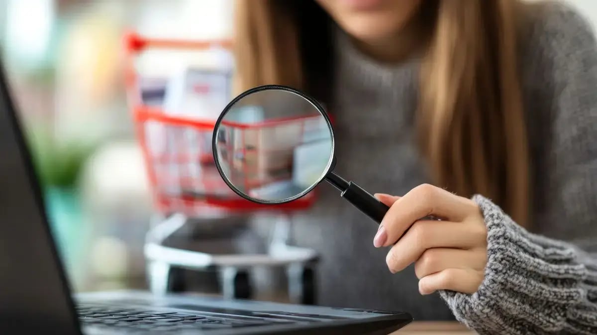 woman-holding-magnifying-glass-shopping-cart-reflection