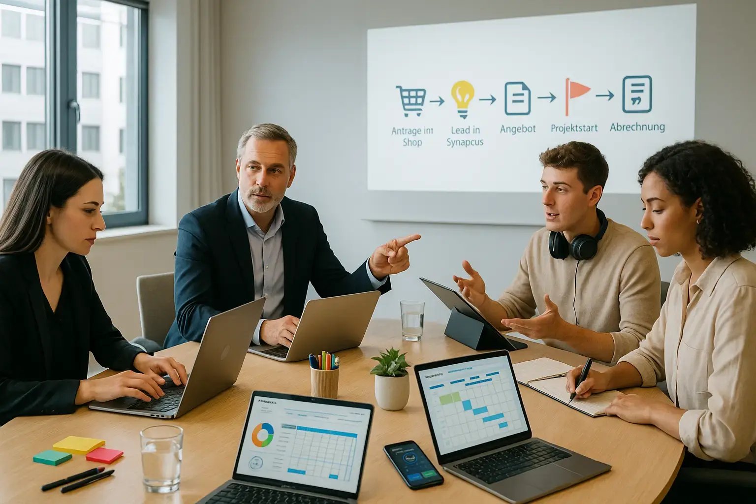 Teammeeting mit Präsentation eines Prozessablaufs von Shop-Anfrage über Lead und Angebot bis Projektstart und Abrechnung