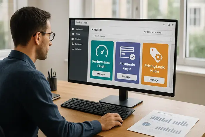 E-Commerce-Manager verwaltet JTL-Shop-Plugins im Backend mit Performance-Übersicht und Plugin-Auswahl