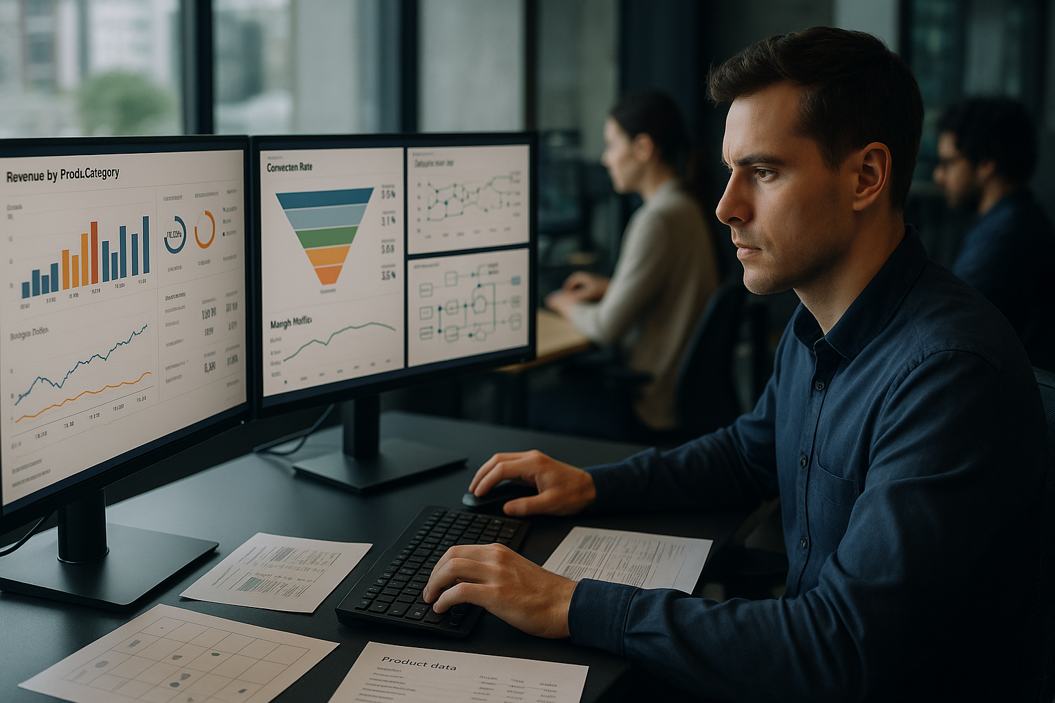 E-Commerce Manager sitzt konzentriert an modernem Schreibtisch mit mehreren Monitoren, auf denen Analytics-Dashboards mit Umsatzzahlen, Conversion-Raten und Keyword-Rankings für Online-Shop-Kategorien sichtbar sind