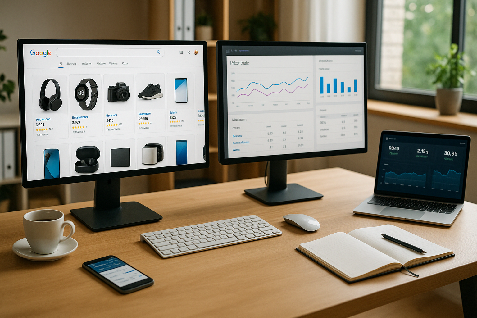 Moderner E-Commerce-Arbeitsplatz mit zwei Monitoren, auf denen Google Shopping Produktkacheln und Preis-Dashboards zu sehen sind, daneben Laptop mit geöffnetem Analytics-Tool, Smartphone, Notizbuch mit Stift und weiße Kaffeetasse auf hellem Schreibtisch in Büro mit großem Fenster und natürlichem Tageslicht