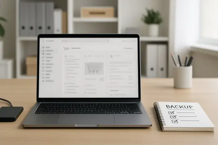 Arbeitsplatz zur sicheren Planung eines Shopware-Resets mit Backup-Medium