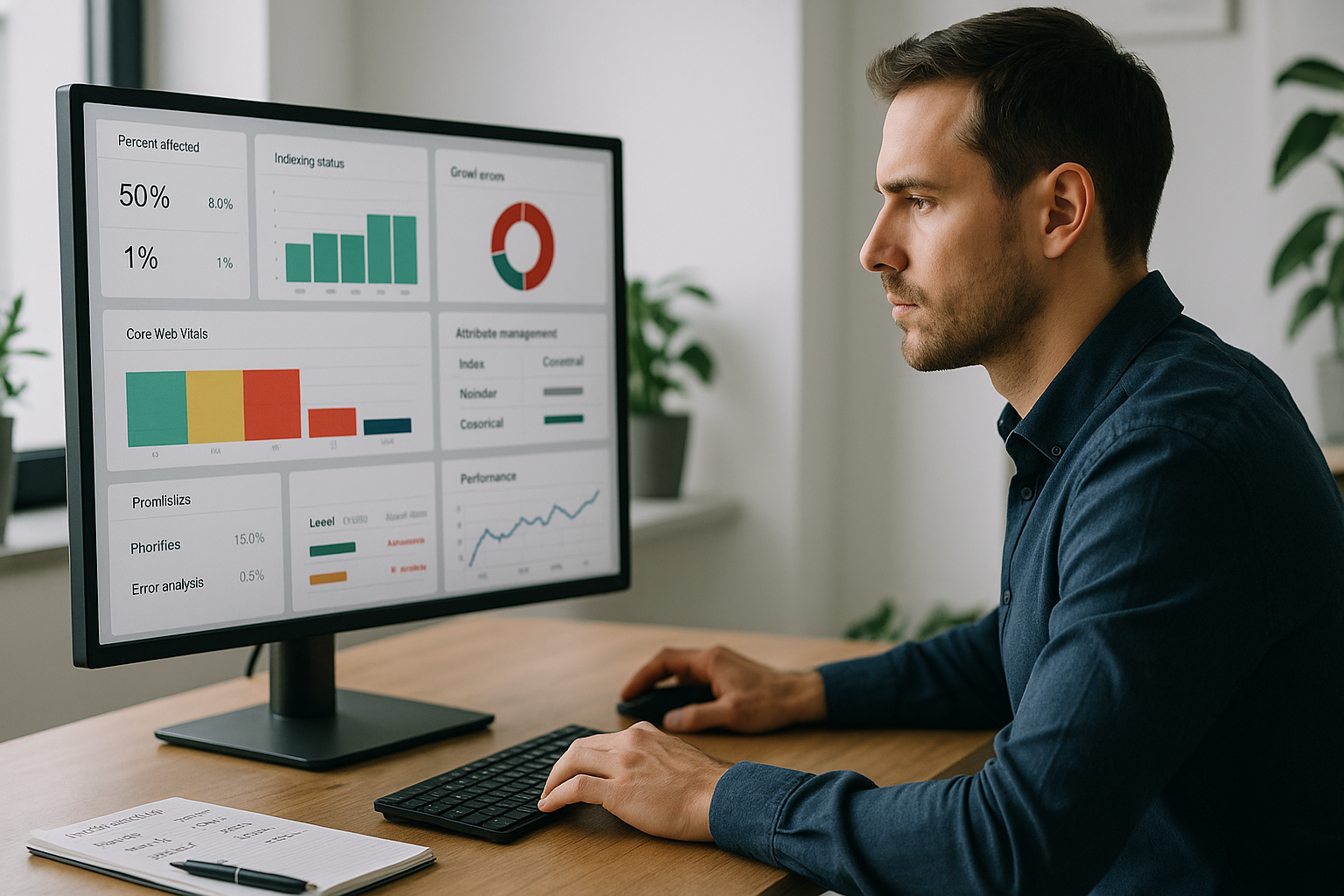 Moderner E-Commerce-Shop mit technischen Optimierungselementen auf Monitor, umgeben von Datenflüssen und Analyse-Visualisierungen, die digitale Struktur und Effizienz symbolisieren.