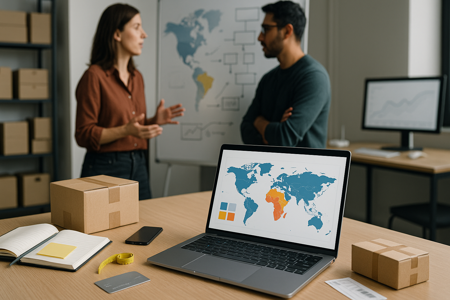 Kleines E-Commerce-Team plant internationale Shop-Struktur im Meetingraum, Laptop mit Weltkarten-Dashboard, Versandbox und Notizen im Vordergrund