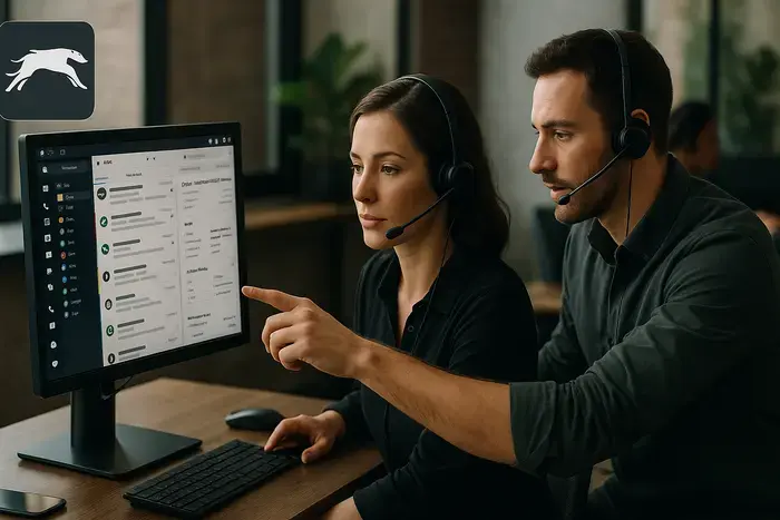 Support-Mitarbeiter arbeitet mit JTL Greyhound Ticketsystem am Monitor, zentrale Inbox mit Kundenanfragen von mehreren Kanälen