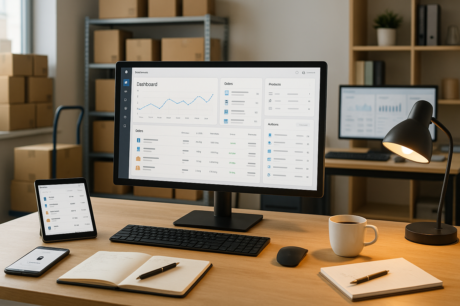 Moderne E-Commerce-Arbeitsumgebung mit Monitor zeigt Dashboard mit Verkaufsdaten und Bestandsinformationen, Tablet mit Produktlisten, Smartphone mit Bestellbenachrichtigung, Lagerregale im Hintergrund, helle Büroatmosphäre mit Tageslicht