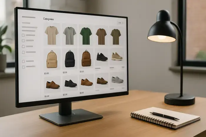Arbeitsplatz mit Produktübersicht als Symbol für Filter im Online-Shop