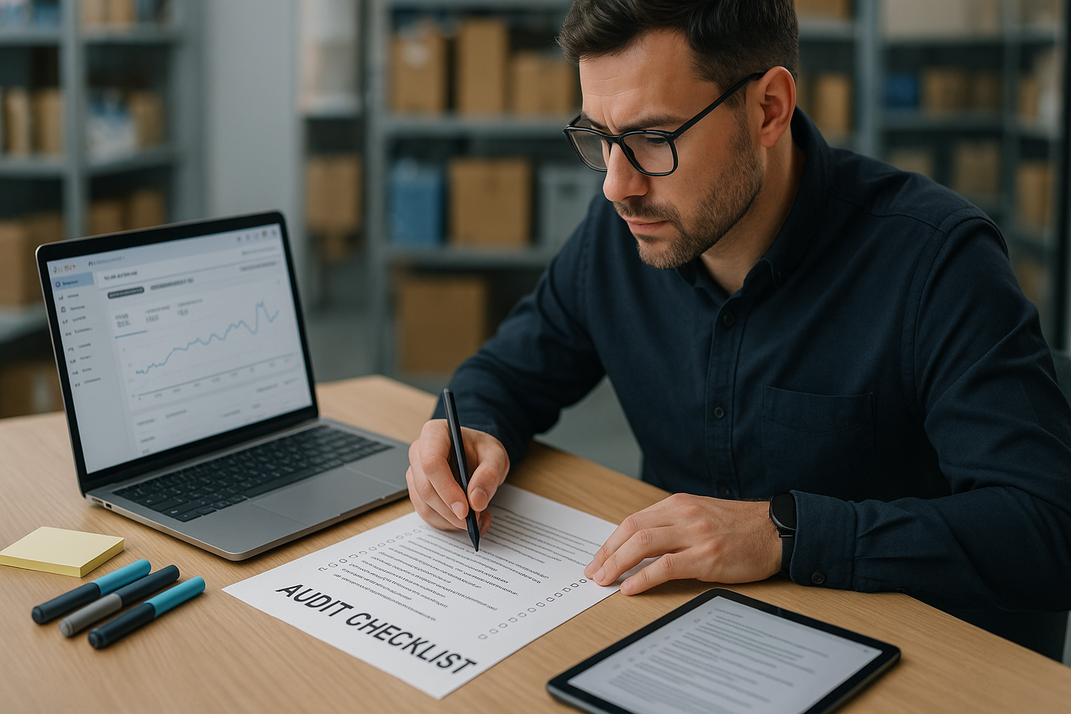 Person sitzt an modernem Schreibtisch mit mehreren Monitoren, analysiert Datenvisualisierungen und SEO-Audit-Dashboards mit Checklisten und Grafiken
