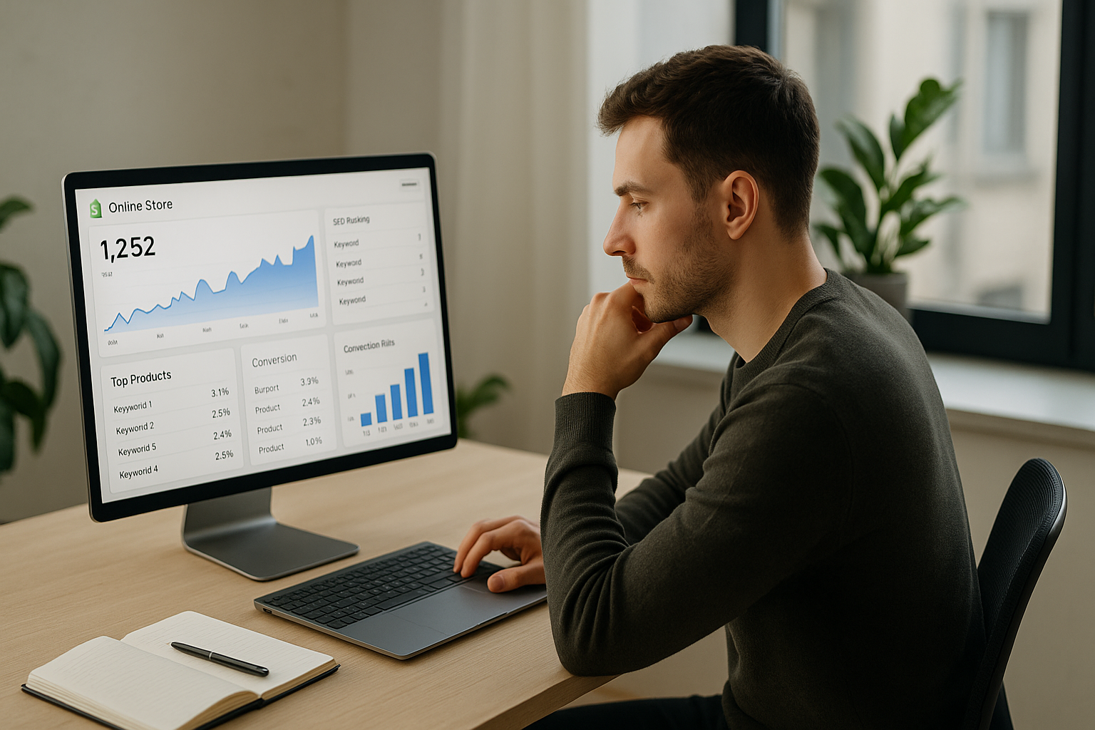 Online-Unternehmer sitzt konzentriert am modernen Schreibtisch und analysiert auf dem Laptop-Bildschirm Shopify-Shop-Analytics, SEO-Rankings und Performance-Metriken in professionellem, lichtem Arbeitsumfeld