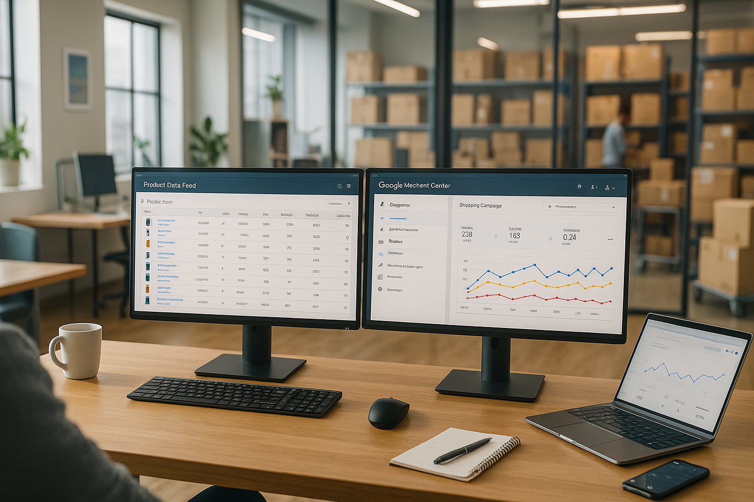 E-Commerce-Manager arbeitet konzentriert an modernem Schreibtisch mit zwei großen Bildschirmen, auf denen Google Merchant Center Dashboards, Produktdaten-Feeds und Shopping-Kampagnen-Metriken angezeigt werden, daneben offener Laptop, Kaffeetasse, Notizblock mit Stift, im Hintergrund heller Büroraum mit großen Fensterfronten durch die natürliches Tageslicht einfällt, dezente Pflanzen am Fenster, modernes Mobiliar in hellen Holztönen und grau-blauen Akzenten, durch Glaswand sichtbares Lager mit geordneten Regalen voller Produktverpackungen und Mitarbeitern beim Kommissionieren, professionelle und freundliche Atmosphäre mit warmer Beleuchtung und leichtem Bokeh-Effekt, Perspektive leicht von oben über die Schulter des Managers, Details wie Tastatur, Maus, Smartphone mit Benachrichtigungen, Browser-Tabs mit Google-Oberflächen, Diagramme und Tabellen auf Bildschirmen, Regaletiketten im Hintergrund, Paketbänder, Barcode-Scanner, ergonomischer Bürostuhl, Holzparkett, LED-Deckenbeleuchtung