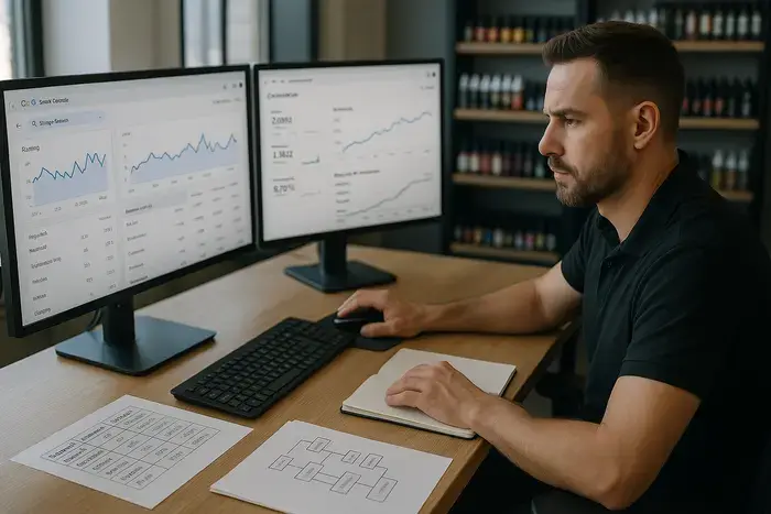 Shop-Inhaber analysiert SEO-Rankings und Traffic-Metriken an Schreibtisch mit Monitoren
